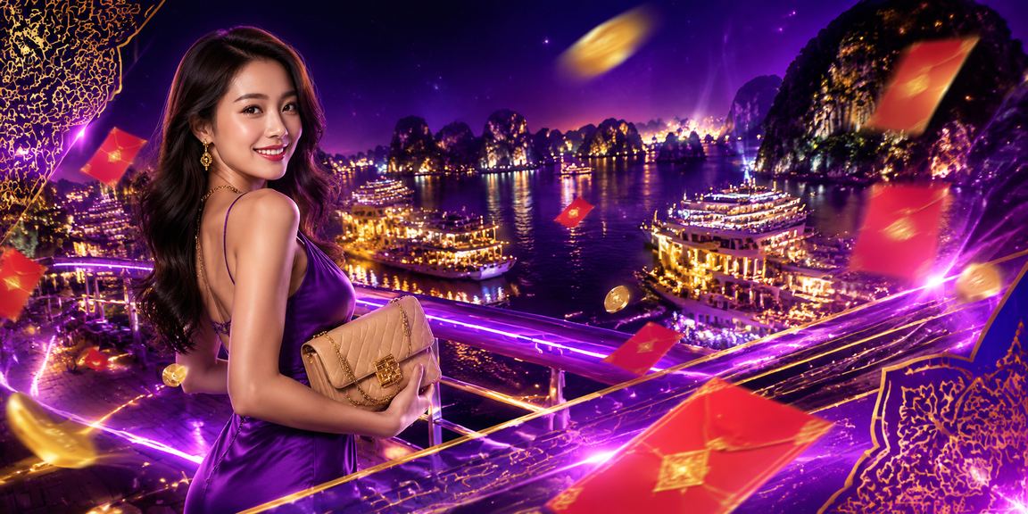 Vịnh Hạ Long về đêm với ánh đèn neon gợi lên không khí giải trí trực tuyến sôi động