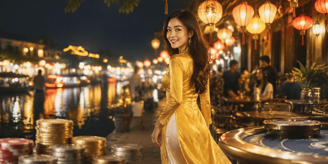 Khung cảnh Hội An với người dùng tham khảo thông tin cá cược thể thao và voucher trên điện thoại