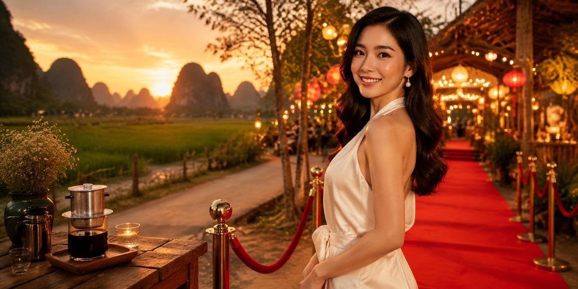 Khung cảnh Ninh Bình với người dùng truy cập nền tảng cá cược trực tuyến qua điện thoại bên ly cà phê