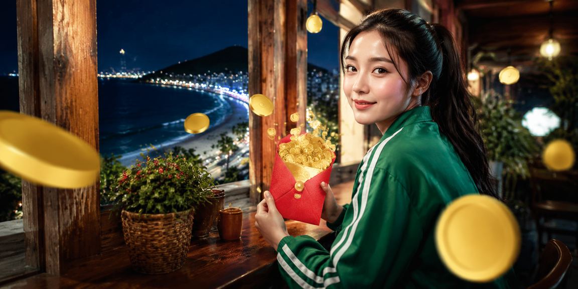Khung cảnh biển Vũng Tàu buổi chiều với phong bì đỏ thưởng và ly cà phê – biểu tượng ưu đãi giải trí